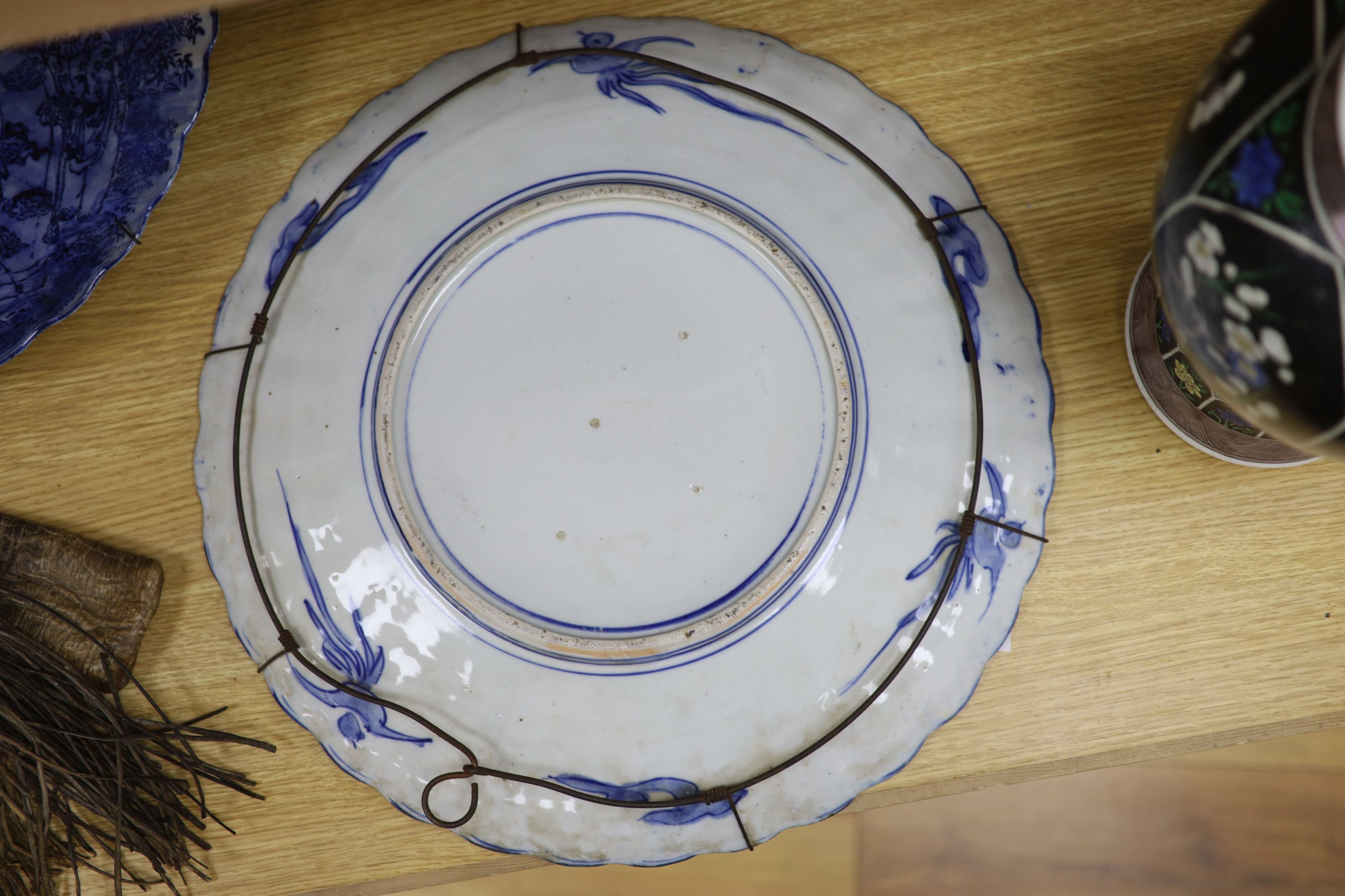 A pair of large late 19th century Japanese blue and white chargers, diameter 46cm